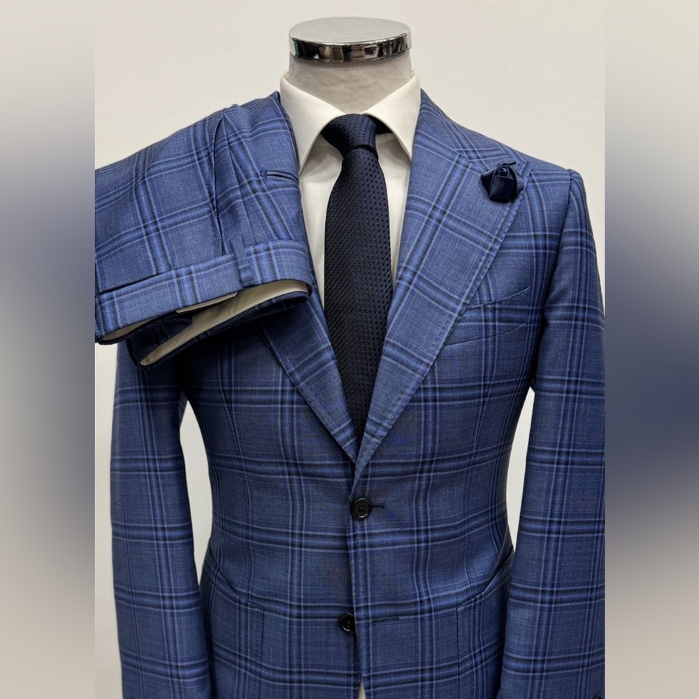 Blue plaid single breasted 2 button super 180 luxury wool suit